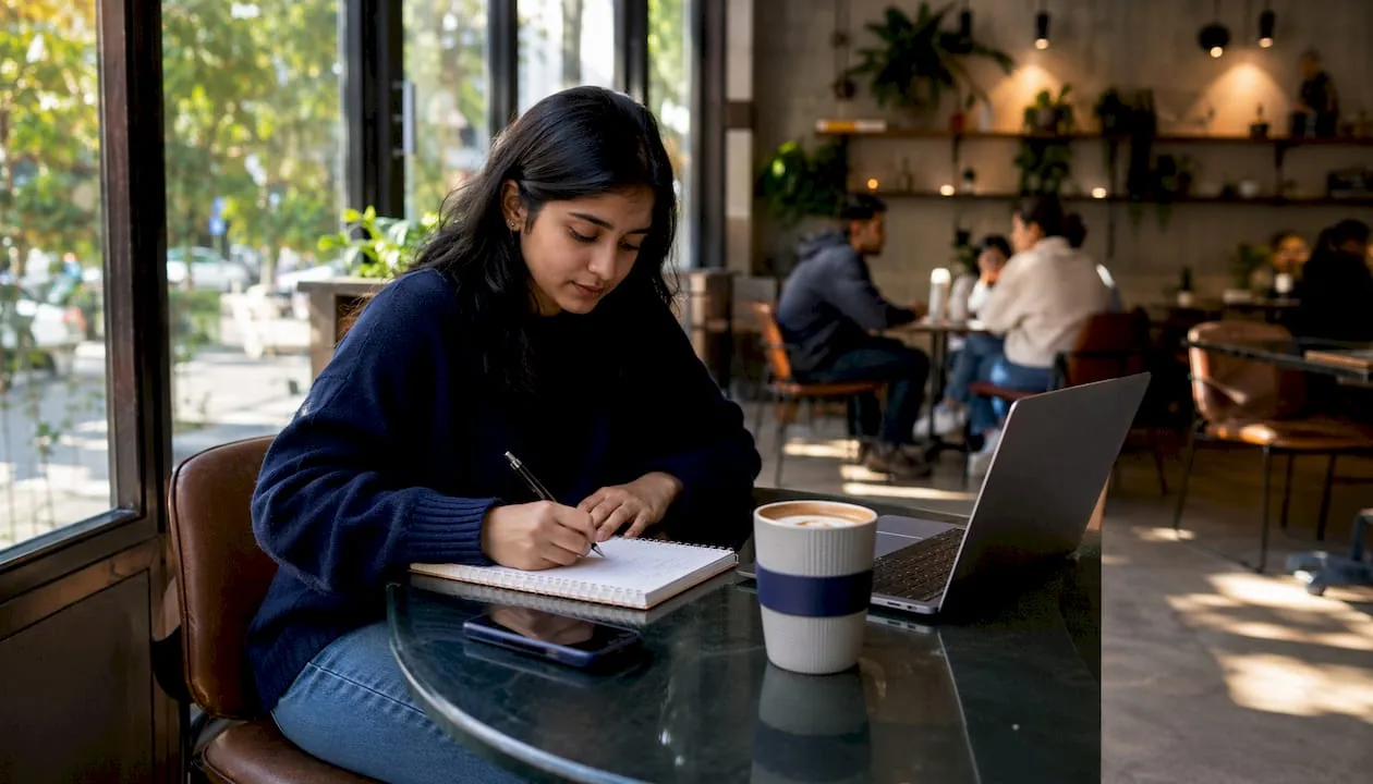 Woman writing SEO product descriptions in home office
