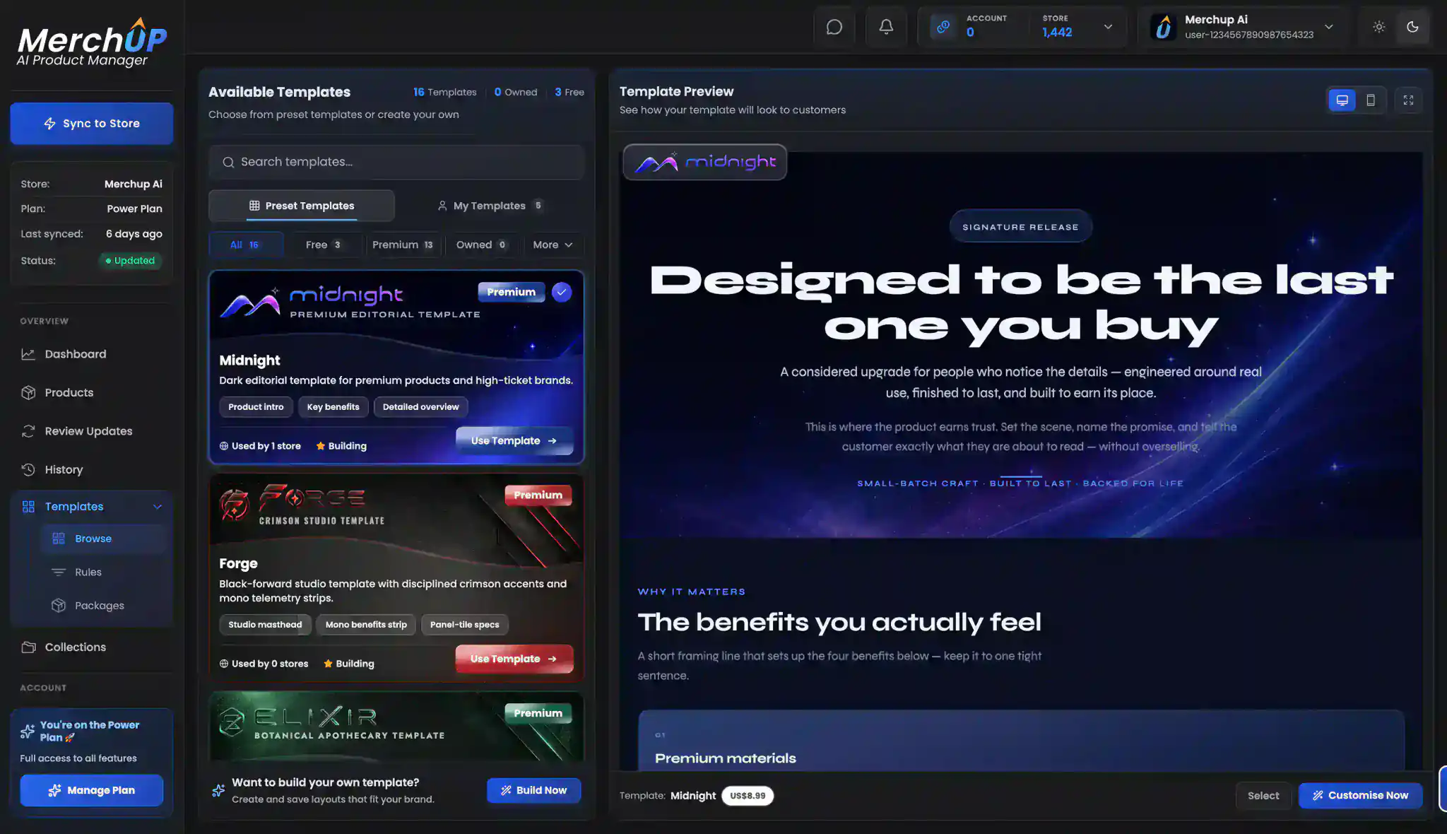 MerchUp dashboard preview showing the product description editor and AI-assisted ecommerce tools