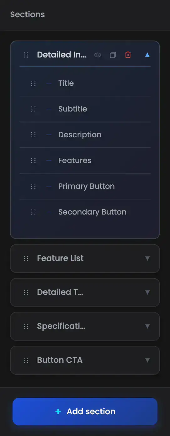 Drag-and-drop product description sections in the MerchUp template editor